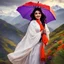 Placeholder: Hyper Realistic Beautiful Young Happy Pashto Woman With Beautiful-Black-Eyes-&-Black-Hair-&-A-Mole-on-Her-Face Wearing White-Frock & Purple-Shawl-With-Orange-Embroidery Carrying An Red Umbrella On Mountain-Top With Greenery & Breathtaking Cloudy-Weather Showing Dramatic & Cinematic Ambiance