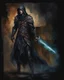 Placeholder: Watercolour painting character full body portrait of a half elf male shadow sorceror, dark armour and hood, smirk, creepy, charismatic, handsome, very dark shadowy background, full legs, creepy dark colours --ar 3:4 --v 6.1