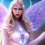 Placeholder: beautiful, soft, big smile face, whole head, long straight blonde hair blues eyes, crown on the head, clothing in transparent bluish and pink veil,fairy wings on the back, background brillante bluish and pink, hight definition, 8K