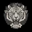 Placeholder: The picture is a black and white image of a tiger's head. The tiger has its mouth open and is showing its teeth. There are some leaves and a flower around the tiger's head. The image is on a white background.. Vintage T Shirt Design And Vector Illustration.Vector t shirt design on a white background