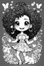 Placeholder: create a coloring page of a chibi girl with a curly afro ponytails dancing around hearts and butterflies. she smiles while shes playing with her kitten, black and white