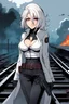 Placeholder: close-up gothic anime girl, white hair, tight outfit with gun on thigh, standing on a train track, smoke and fire surroundings, she is dull and dark, looks determined , train approaching behind her, anime manga style