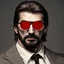 Placeholder: a young man with big muscles who looks like hans gruber wearing a turtleneck and red sunglasses staring with an angry look on his face