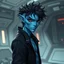 Placeholder: A masculine blue-skinned alien, messy black hair and red eyes, intricately detailed, standing in a futuristic room, handsome, intricately detailed, well built, stocky, wearing a black jacket, confident