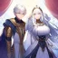 Placeholder: Twins, boy and girl, white hair, silver eyes, royal hall background