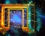 Placeholder: sparkling lights in a blue cosmic background full of bright starts with an transparent etheric ancient temple in the space with as sacred flame and a crystal in the middle of the temple