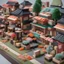 Placeholder: sushi neighborhood diorama, suburban homes made entirely from colorful sushi blocks, sushi textures, fantastical, mega detailed, photoreal, maximalism, dynamic composition, sign post says "SUSHI LANE"