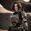 Placeholder: beautiful caucasian female soldier, black metal body and limbs, visible cybernetic limbs, scratched sand camo metal details, short brunette wavy bob haircut, dystopian, desert scene