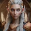 Placeholder: Portrait of a female wood elf diplomat. She has long, curled, white hair shaved on the right side and blue eyes. She has rough copper skin with yakuza tatu, atmospheric, realistic, unreal engine cosmic galactic, cinematic lighting, octane render, random colors, transparent, cosmic ambiance, masterpiece, art by Yoji Shinkawa, composing fit inside, masterpiece