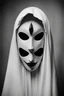 Placeholder: a black and white photograph in the style of man ray, the photograph is of a scary ghost mask