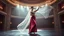 Placeholder: A full-body cinematic photograph of a graceful Azerbaijani woman dance pose. She wears an intricately embroidered velvet bodice and a flowing long silk skirt. On her head is a small ornate traditional crown with a long, translucent white lace veil flowing elegantly behind her. She stands in a poised, elegant dance pose on a sleek modern performance stage with dramatic professional spotlighting. The stage is set inside a massive opulent luxury hall with modern decoration