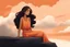 Placeholder: A cartoon style young woman sitting with a long dress and long dark hair. The woman looks elegant and calm, The background is dreamy and warm orange color with clouds , The woman is drawn in a cartoon style, relaxing, calm