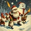 Placeholder: there is no kebabs at christmas, evil Santa, evil gnomes running around, staring flaming eyes, evil Rudolf, very big evil angry Frosty the snowman in background, kebabs and kebab, 1940 christmas postcard