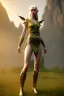 Placeholder: elven young woman, wearing light dress, visible cute femine face, visible and armonious legs and feet, luminous weather, field in the mountains, realistic 3d render, mortal kombat style, unreal engine