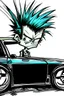 Placeholder: 2d drawing of a stickman, cool with punk hair, x eyes like in hangman, sideview of him sitting in a car, arm slightly lifted and resting on door