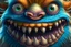 Placeholder: closeup of a smiling monster's face, big teeth, fur, bumps and horns, my pet monster inspiration, urban character design