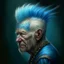 Placeholder: a detailed portrait of old man with a extravagant blue mohawk by edouard bisson, punk rock, oil painting, muted colors, soft lighting