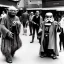 Placeholder: Creepy old photo of star wars Yoda and ewok type people out shopping at old town