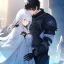 Placeholder: Girl with white hair wearing white robes. Boy with black hair wearing leather armor