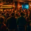 Placeholder: a crowded bar at night, lots of people, focus on a lonely person against the wall