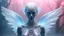 Placeholder: a photorealistic grey alien angel translucent transparent, surrealism, fog, octane render, cinematic, futuristic outfit, haute couture, exotic jewerly, blue pink, florest background