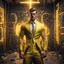 Placeholder: Hyper Realistic handsome muscular Electric-Superhero wearing long-fancy-yellow-tuxedo & fancy-glasses in a dark-rustic-circuit-room with electric-sparks & a massive circuit-board-wall