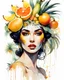 Placeholder: create an ethereal, illustration of a divine female with soft facial features and a seductive look on a plain white background surrounding her, in the style of Ralph Steadman, with a headpiece of tropical fruits, bananas, pineapples, citrus, cream, orange,painted in a faded colors,