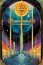 Placeholder: Create a chaotic abstract cubist Tarot Card depicting an ornate,The Four of Swords , in the style of Bill Sienkiewicz, Philippe Druillet, Gustav Klimt, Alphonse Mucha, and Jean Giraud Moebius, precisely drawn, colored and inked, in muted colors, with ornate bordered edges