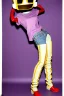 Placeholder: Photograph of a woman. Low waist jeans, baggy, 1996,1997,1998!Big serigraph print of a plant on denim,terracotta,cream,purple,lilac. Cream colored latex parts. imperial yellow, red plum stripes, only on the top half of t-shirt. European daft punk woman. Mantle is sewed of recycled Denim and sewed together of recycled polymer felt. lace, Yellow(Munsell) areas. hint of orange as effect color!!Big bright purple/khaki felt tippet and cream or blue or lilac colored-hood. mantle is merged with cobalt