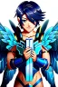 Placeholder: a human male with blue short hair and blue wings in an assymetrical armor with geometric patterns and a book in hand