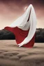 Placeholder: Giant massive huge in stature, majestic entity, hovering and floating over a large field landscape. the entity wears a white and red draped fabric that has printed on the material resembling stars. the fabric has also technological elements. you can see how big it is compared to a tiny human standing in front of it