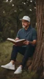 Placeholder: A man wearing a white Dad Hat, wearing glasses, and reading with a tree behind him, high resolution