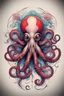 Placeholder: Create a captivating modern 2d colorfull ink tattoo design for print , prestigious (Sacred Octopus) using the elegant influences of japan art style, for print, dynamic elements from fashion and design, and bold Japanese contemporary art aesthetics, framing centered in the center, distanced from the edges of the paper perimeter, perfect anatomy, bauhaus, Divine Proportion,