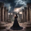 Placeholder: Hyper Realistic photographic-view of an extremely-Handsome-Muscular-Man In Black-tuxedo & beautiful-woman-with-long-black-hair-&-black-gown both-getting-romantic in the middle of an ancient-prehistoric-castle-ruins with wedding-setup & UFOs on cloudy-maroon-sky with thunderstorm giving it a dramatic & cinematic ambiance