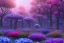 Placeholder: monde en fleurs bleu pink fuksia, concept art, crépuscule , trees bleu pink violet oranger, vibrant Color, réaliste