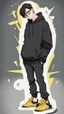 Placeholder: generate a tall guy with green eyes, black short hair, black rectangular glasses, plump lips, wide shoulders, in a black sweatshirt, black pants with pockets on the hips, yellow short socks, in black sneakers, wide shoulders, the guy is crying