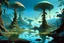 Placeholder: looking out over a lake, in an alien forest, flying mushrooms with jellyfish tenacles formed into gnarled trunks, Roger Dean