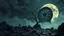 Placeholder: surreal dreamlike scene, nightmare on eart and in sky, midnight in the garden of death, some small black prickly balls on the earth and on sky, mystic gloomy, surreal dark shadows and pale light, stones, cracked eart, dark winter-like vibe, dark weird shapes floatings ,come strom , dark green moss, weird giant black musroom, bats on sky, branch on eart, ruins, rock, deep dark colors, dark twisting tendrils around big clock ,Clock 12 o clock, moon with black darkness, wind, fog, detailed,