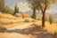 Placeholder: sunny day, mountains, trees, dirt road, countryside, nostalgy influence, adobe house, henry luyten and ludwig dettman impressionism paintings