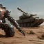 Placeholder: mecha with tracks for a tank. His body is armor and his hands are machine guns. The robot head has glass and the driver is an animal