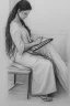 Placeholder: Pencil sketch of Young woman, Arab features,sad, long wavy hair, reading a book, full body، on lined paper