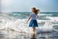 Placeholder: a 10 years old girl standing in seaside ,wavy water ,splash