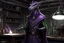 Placeholder: a black and purple, female argonian artificer who uses Tesla coils, skinny, wearing little armor and a cloak, in her lab