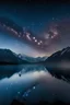 Placeholder: Niebla sobre un lago con montañas de fondo de noche y con la vía láctea en el cielo
