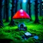 Placeholder: "Close up of a wonderful tiny Mushroom Tower home. Red and green with bright white, deep black and contrasting tones of gray magenta and violet colors. Illuminated bioluminescent forest. Professional painter, master at composition. small but detailed. broken, blurred background, voluminous lighting"