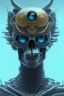 Placeholder: blue alien, head, evil, red eyes, weapons, blood, 8k, finely detailed, photo realistic, HR Giger style turquoise skull head gold dragon Mexican alien moon skeleton sombrero hat Black background