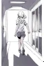 Placeholder: blonde girl runs in a corridor, back view, line arts, manga style