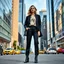 Placeholder: Image Idea: A modern fashion model showcasing stylish clothing in a contemporary city setting Image Description: A young, attractive female fashion model stands confidently on a bustling city street lined with sleek skyscrapers and modern glass buildings. She wears a chic, trendy outfit consisting of a tailored blazer over a flowing silk blouse, high-waisted trousers, and elegant ankle boots, accessorized with minimalist jewelry and a designer handbag. Her hair is styled in soft waves, and her