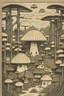 Placeholder: Mushroom village drawn in Japanese woodblock style