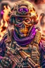 Placeholder: an epic 12k,ultra high definition , digital photo of a scary looking alien, purple colored alien, angy and rising from the ashes, a war veteran, army beret , captain rank, ripped and torn ammo clothing, chaotic fiery and dust background, dramatic close-up action shot of him behind the machine hand gun on the burned out war tanker,gothic and sinister